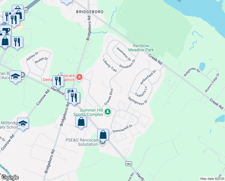 map of restaurants, bars, coffee shops, grocery stores, and more near 1 Buckingham Court in Delran