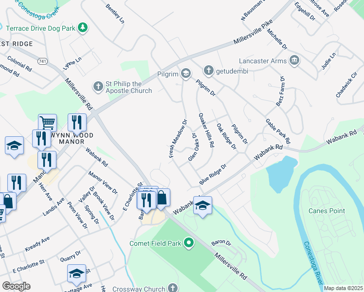 map of restaurants, bars, coffee shops, grocery stores, and more near 112 Village Green Lane in Lancaster