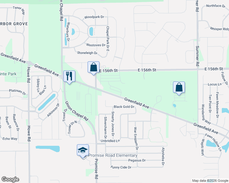 map of restaurants, bars, coffee shops, grocery stores, and more near 11038 Greenfield Avenue in Noblesville
