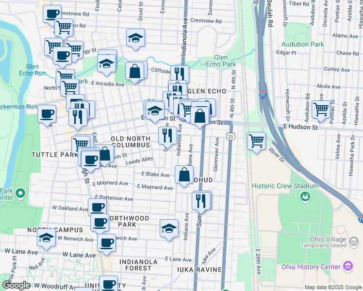 map of restaurants, bars, coffee shops, grocery stores, and more near 2456 Indianola Avenue in Columbus
