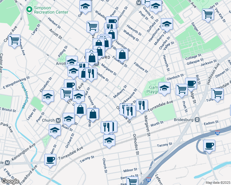 map of restaurants, bars, coffee shops, grocery stores, and more near 1739 Plum Street in Philadelphia