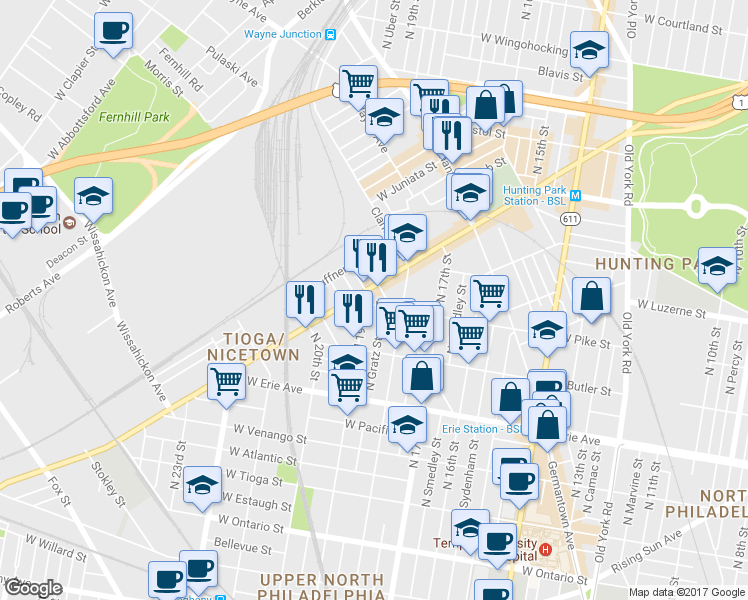 map of restaurants, bars, coffee shops, grocery stores, and more near 1817 West Pike Street in Philadelphia