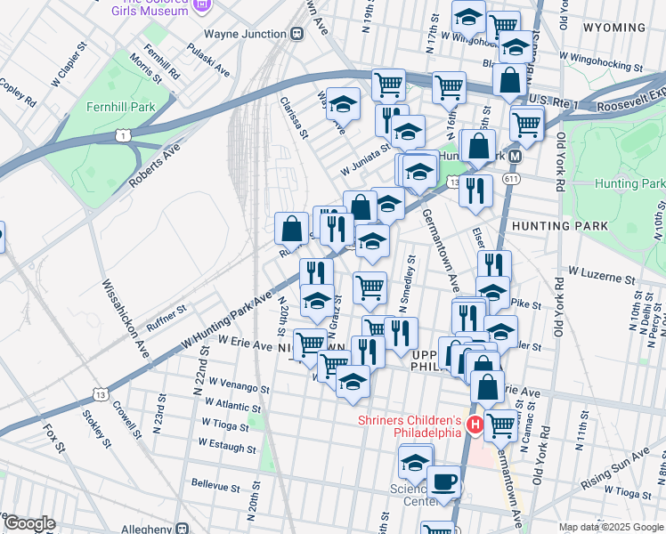 map of restaurants, bars, coffee shops, grocery stores, and more near 1819 West Pike Street in Philadelphia