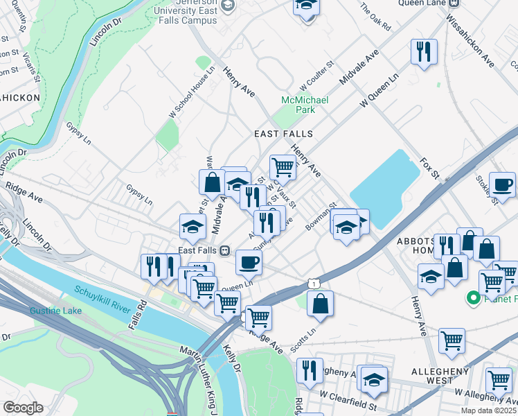 map of restaurants, bars, coffee shops, grocery stores, and more near 3450 West Penn Street in Philadelphia