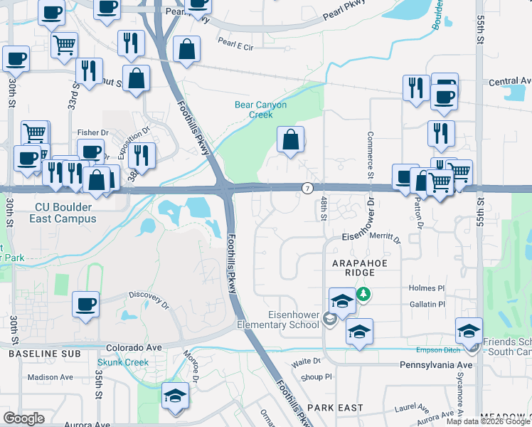 map of restaurants, bars, coffee shops, grocery stores, and more near 1559 Macarthur Drive in Boulder