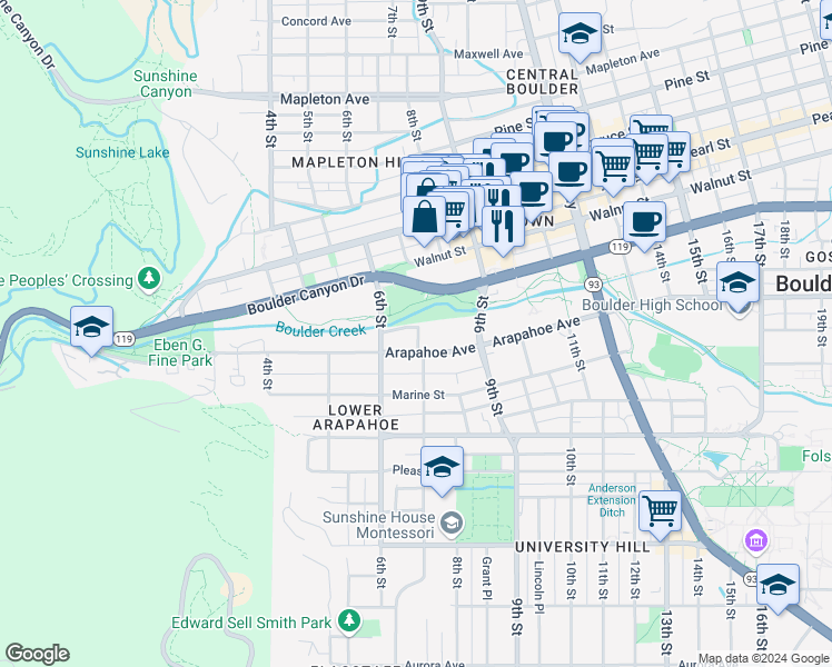 map of restaurants, bars, coffee shops, grocery stores, and more near 1730 6th Street in Boulder