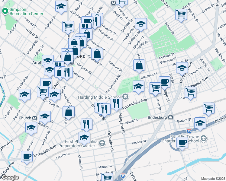map of restaurants, bars, coffee shops, grocery stores, and more near 4709 Tackawanna Street in Philadelphia