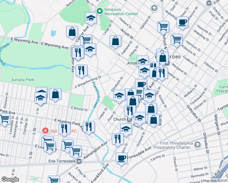 map of restaurants, bars, coffee shops, grocery stores, and more near 4336 Elizabeth Street in Philadelphia