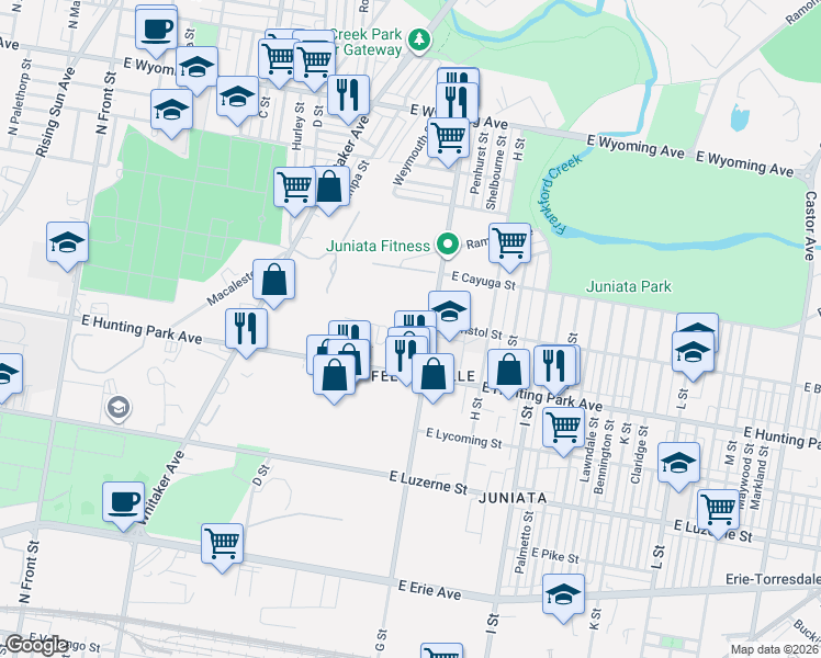 map of restaurants, bars, coffee shops, grocery stores, and more near 4300-4348 G Street in Philadelphia