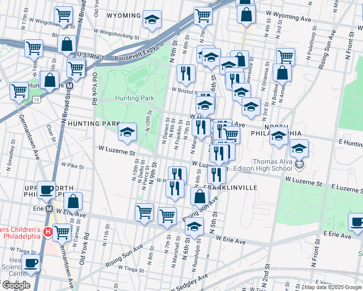 map of restaurants, bars, coffee shops, grocery stores, and more near 709 West Lycoming Street in Philadelphia