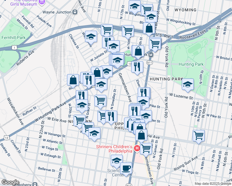 map of restaurants, bars, coffee shops, grocery stores, and more near 3929 North Smedley Street in Philadelphia