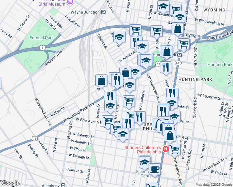 map of restaurants, bars, coffee shops, grocery stores, and more near 1817 West Pike Street in Philadelphia