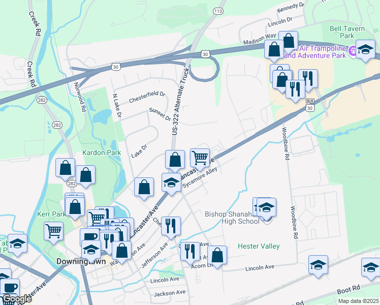 map of restaurants, bars, coffee shops, grocery stores, and more near 1 Black Hawk Circle in Downingtown