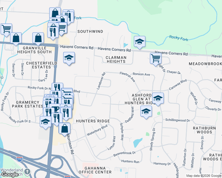 map of restaurants, bars, coffee shops, grocery stores, and more near 614 Fawndale Place in Gahanna
