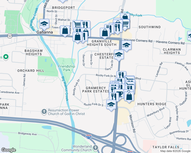 map of restaurants, bars, coffee shops, grocery stores, and more near 215 Flint Ridge Drive in Columbus