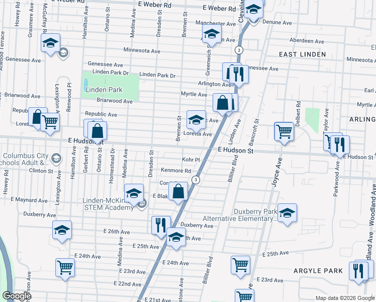map of restaurants, bars, coffee shops, grocery stores, and more near 1514 East Hudson Street in Columbus