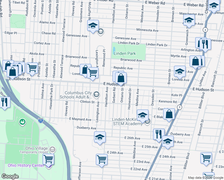 map of restaurants, bars, coffee shops, grocery stores, and more near 1179 East Hudson Street in Columbus