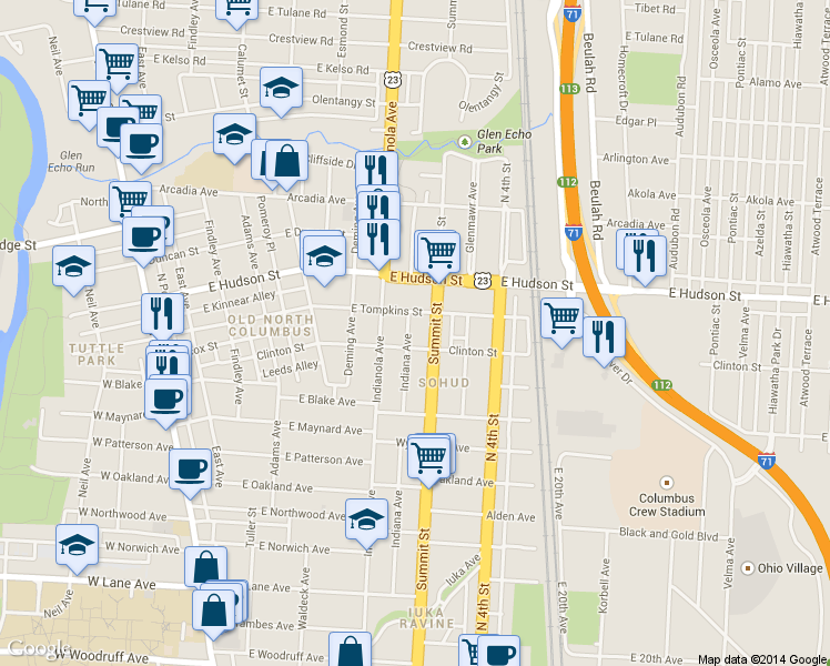 map of restaurants, bars, coffee shops, grocery stores, and more near 373 East Tompkins Street in Columbus