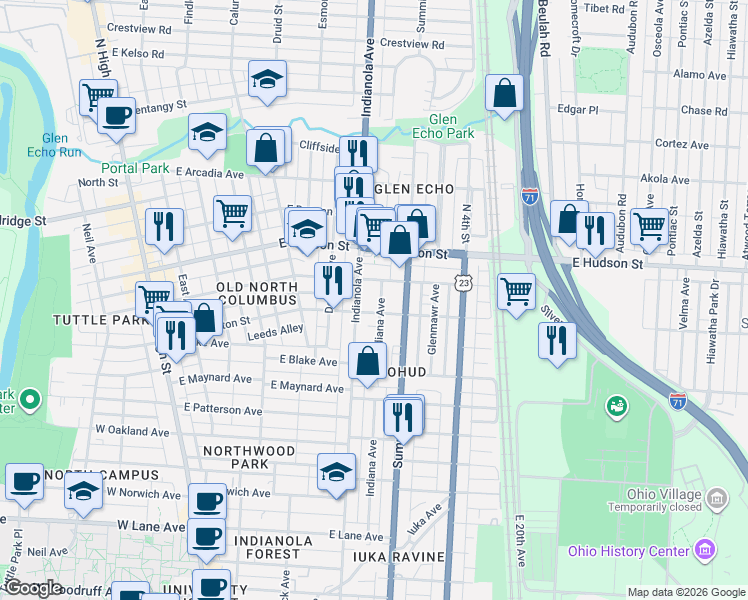 map of restaurants, bars, coffee shops, grocery stores, and more near 373 East Tompkins Street in Columbus