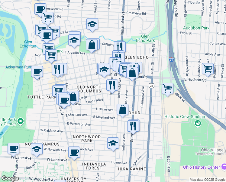 map of restaurants, bars, coffee shops, grocery stores, and more near 2481 Indianola Avenue in Columbus