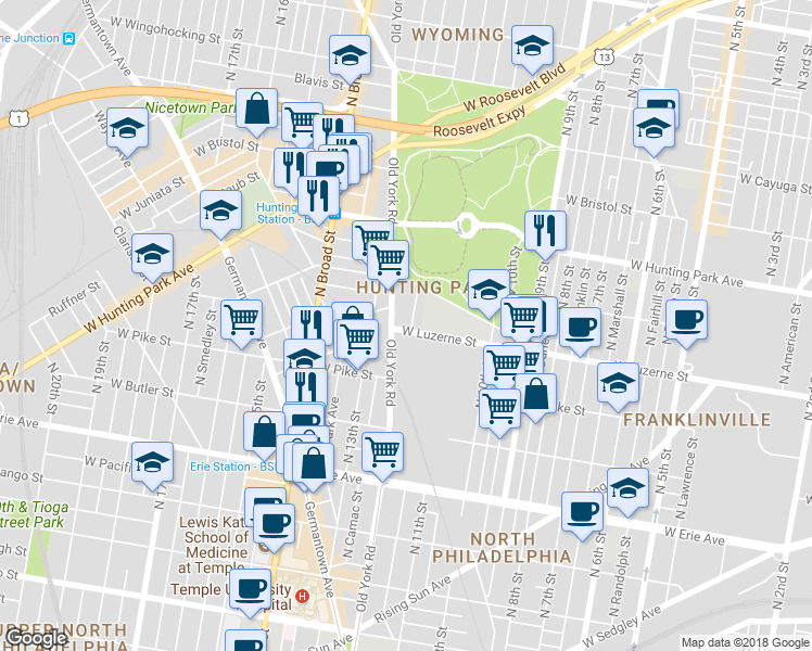 map of restaurants, bars, coffee shops, grocery stores, and more near 4000 North 12th Street in Philadelphia