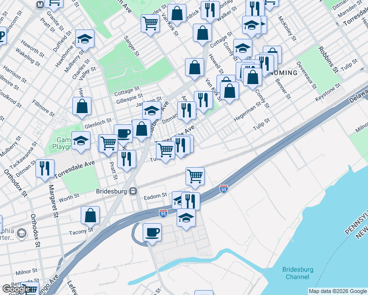 map of restaurants, bars, coffee shops, grocery stores, and more near 5419 Torresdale Avenue in Philadelphia