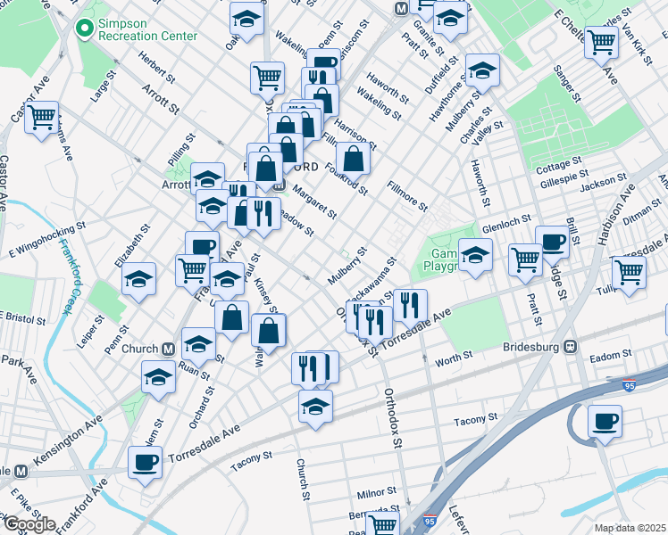 map of restaurants, bars, coffee shops, grocery stores, and more near 1739 Plum Street in Philadelphia