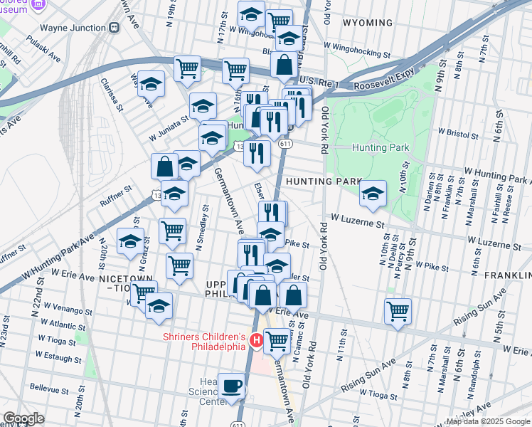 map of restaurants, bars, coffee shops, grocery stores, and more near 3922 Elser Street in Philadelphia