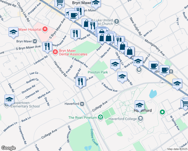 map of restaurants, bars, coffee shops, grocery stores, and more near 734 East Railroad Avenue in Bryn Mawr