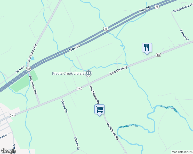 map of restaurants, bars, coffee shops, grocery stores, and more near 5535 Lincoln Highway in York