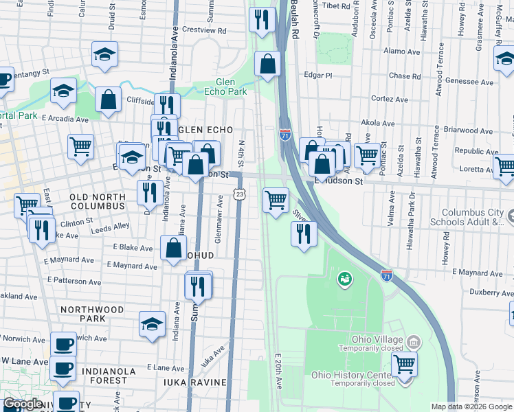map of restaurants, bars, coffee shops, grocery stores, and more near 527 East Tompkins Street in Columbus