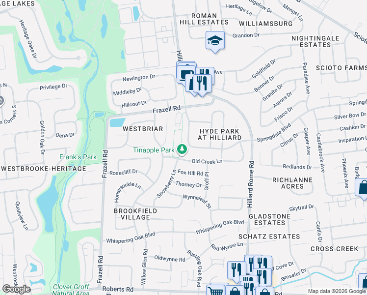 map of restaurants, bars, coffee shops, grocery stores, and more near 3074 Bennison Court in Hilliard
