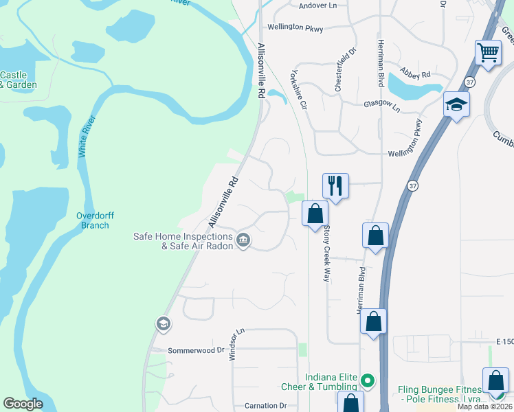 map of restaurants, bars, coffee shops, grocery stores, and more near 540 Westminster Drive in Noblesville