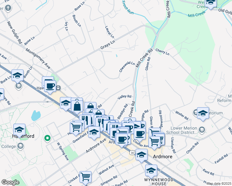 map of restaurants, bars, coffee shops, grocery stores, and more near 132 Woodside Road in Haverford