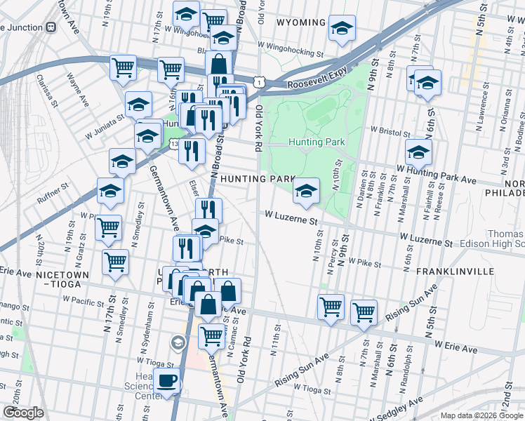 map of restaurants, bars, coffee shops, grocery stores, and more near 4023 Old York Road in Philadelphia