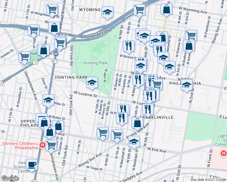 map of restaurants, bars, coffee shops, grocery stores, and more near 4028 North Darien Street in Philadelphia