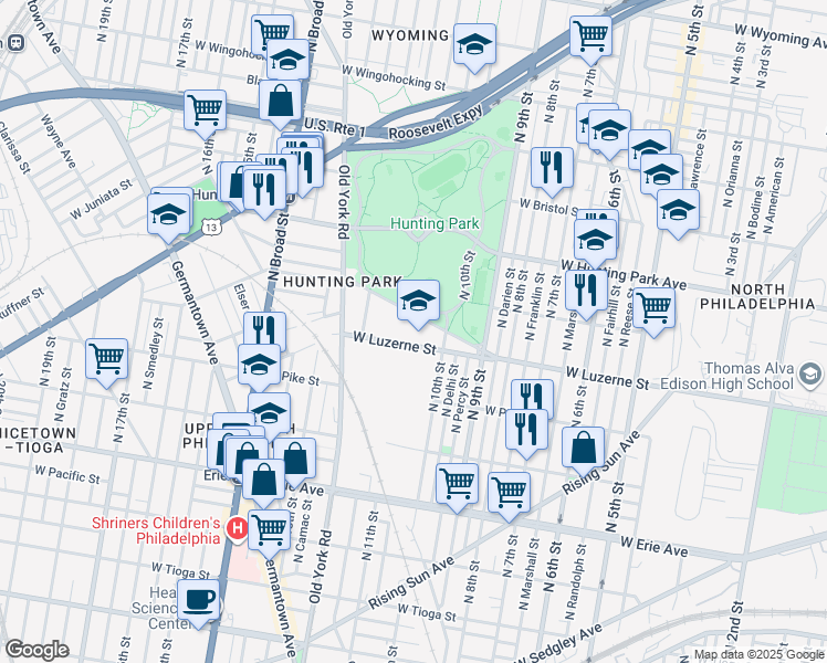 map of restaurants, bars, coffee shops, grocery stores, and more near 1000 West Lycoming Street in Philadelphia