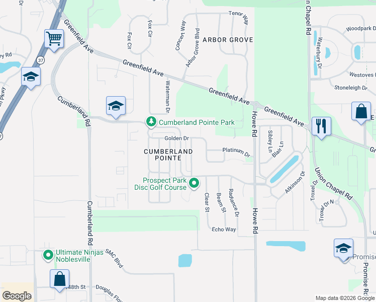 map of restaurants, bars, coffee shops, grocery stores, and more near 15491 Border Drive in Noblesville