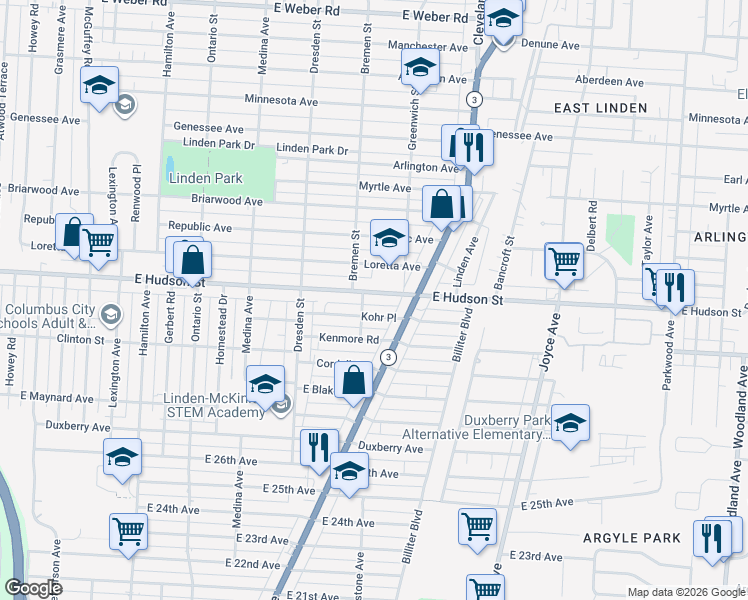 map of restaurants, bars, coffee shops, grocery stores, and more near 1514 East Hudson Street in Columbus