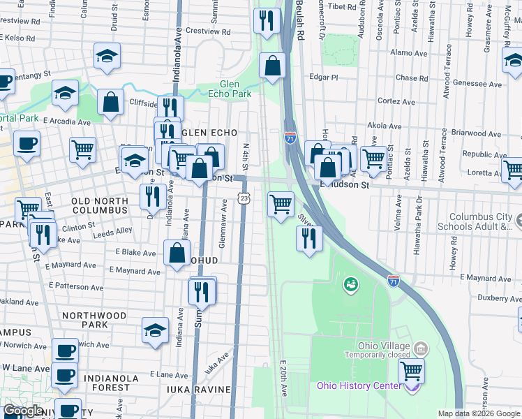 map of restaurants, bars, coffee shops, grocery stores, and more near 527 East Tompkins Street in Columbus