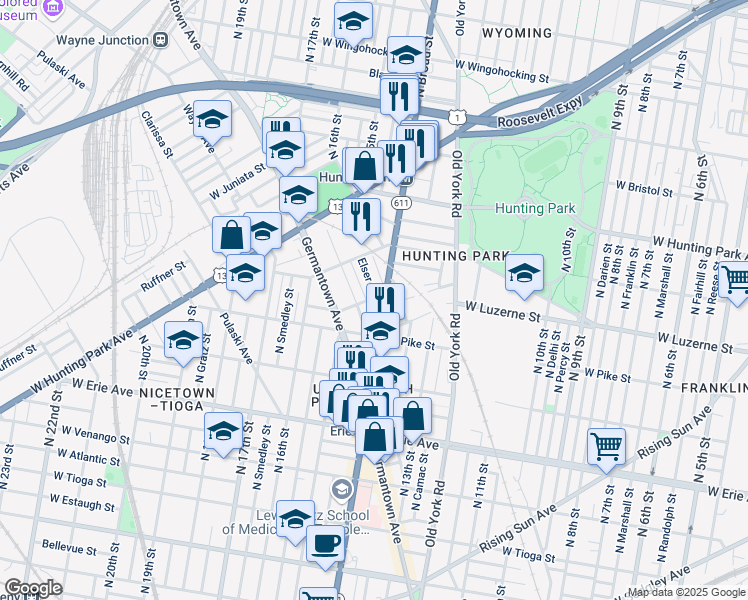 map of restaurants, bars, coffee shops, grocery stores, and more near 3924 Elser Street in Philadelphia
