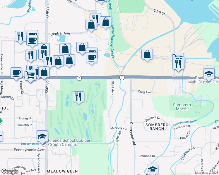 map of restaurants, bars, coffee shops, grocery stores, and more near 1555 Old Tale Road in Boulder