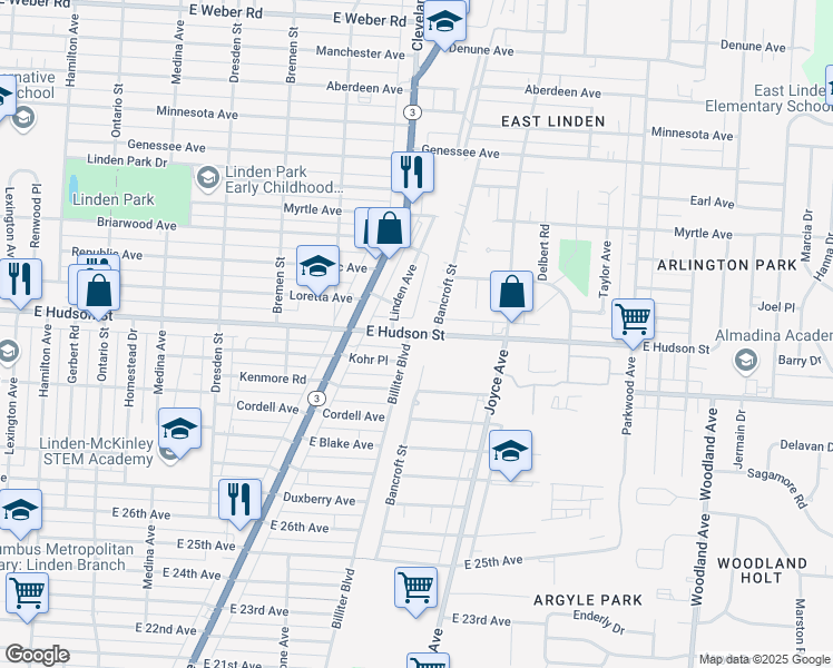 map of restaurants, bars, coffee shops, grocery stores, and more near East Hudson Street in Columbus