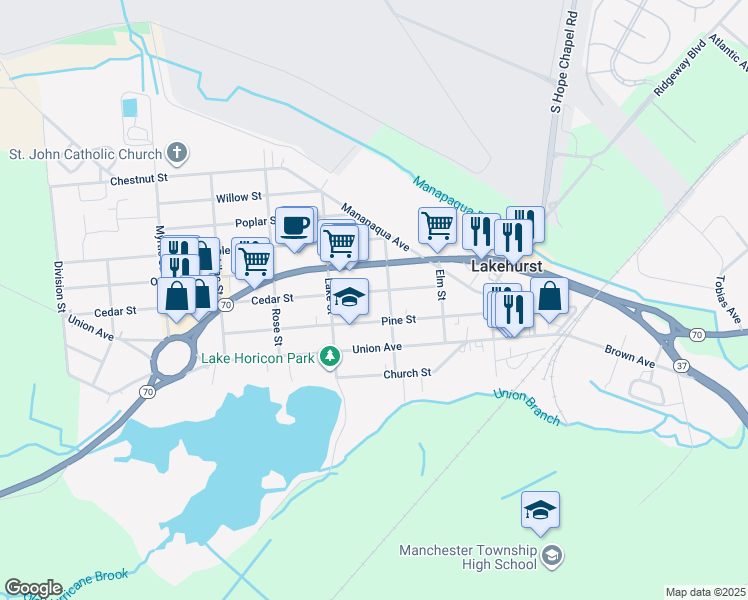 map of restaurants, bars, coffee shops, grocery stores, and more near 311 Cedar Street in Lakehurst