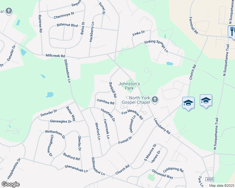 map of restaurants, bars, coffee shops, grocery stores, and more near 2833 Barkhill Road in York