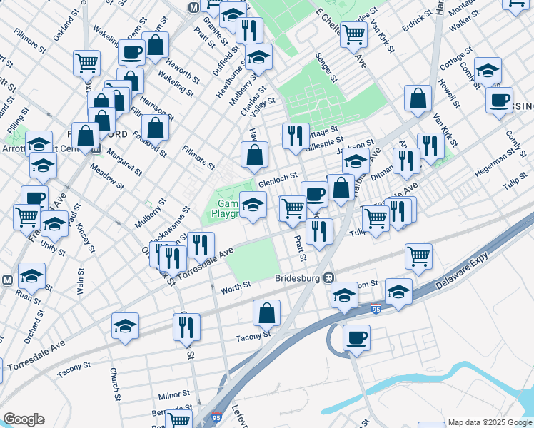 map of restaurants, bars, coffee shops, grocery stores, and more near 5001 Ditman Street in Philadelphia