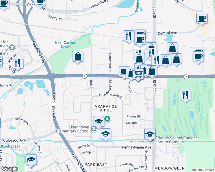 map of restaurants, bars, coffee shops, grocery stores, and more near 4930 Meredith Way in Boulder