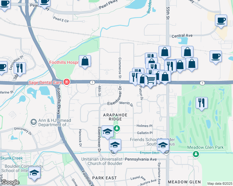map of restaurants, bars, coffee shops, grocery stores, and more near 4970 Meredith Way in Boulder