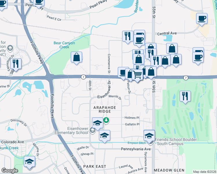 map of restaurants, bars, coffee shops, grocery stores, and more near 4930 Meredith Way in Boulder