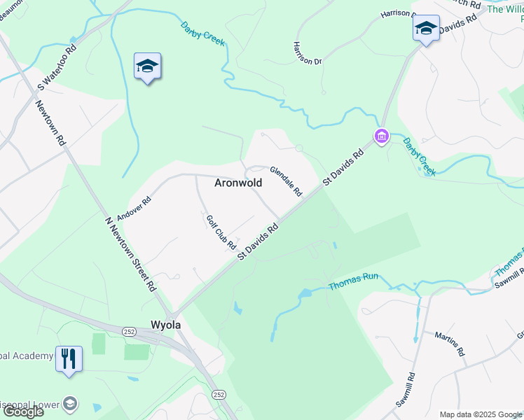 map of restaurants, bars, coffee shops, grocery stores, and more near 608 Andover Road in Newtown Square